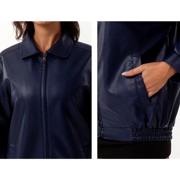 Women's Navy Oversized Faux Leather Fashion Zip Up Motorcycle Loose Fit Jacket - Picture 4 of 7